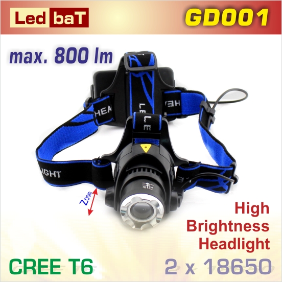 LedbaT GD001 čelovka T6 Zoom, 1/2 x18650 