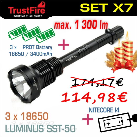 TrustFire X7 LED baterka + 3x Li-ion PROT1834 + nabíjačka I4