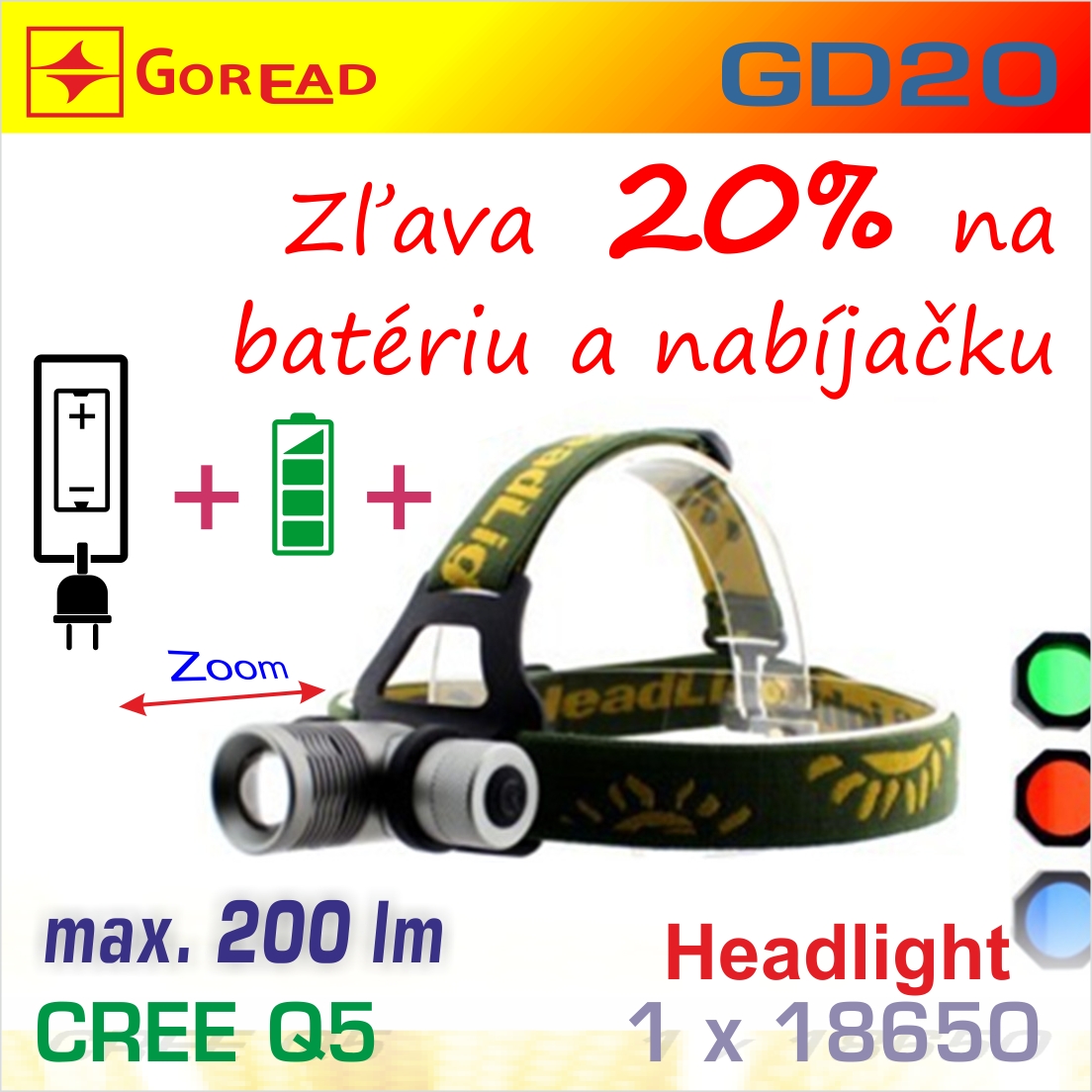 SET GD20 čelovka Q5 Zoom + BAT1826 + nabíjačka
