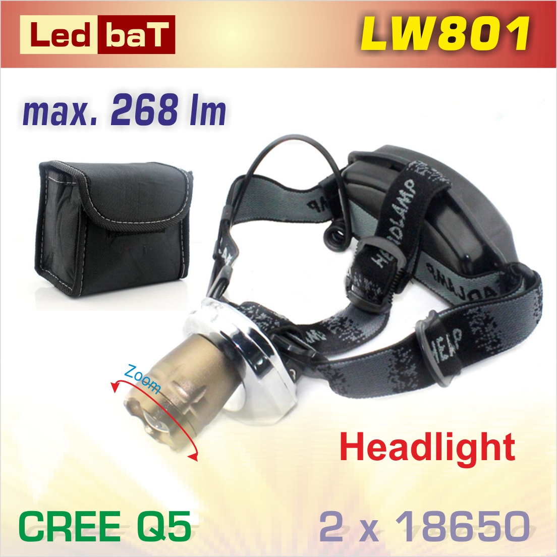 LedbaT LW801 čelovka Q5 Zoom, 2x18650