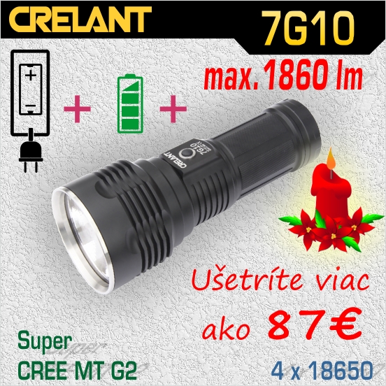 Crelant 7G10 LED baterka + 4x Li-ion PROT1834 + nabíjačka I4