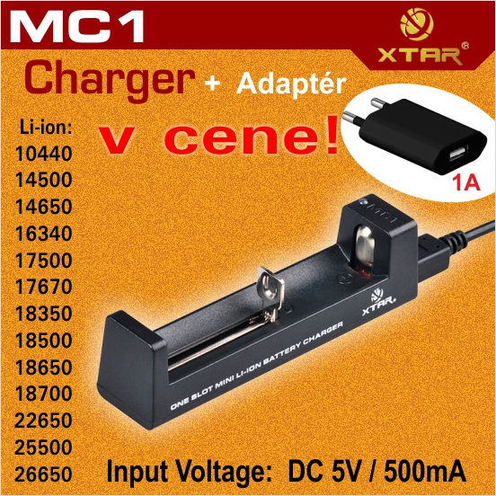 XTAR MC1 nabíjačka 1 slot + Adaptér 1A