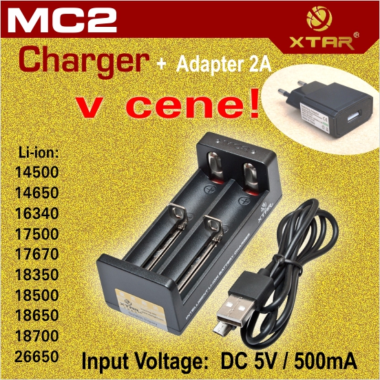 XTAR MC2 nabíjačka 2 sloty + AC/DC adaptér 2A