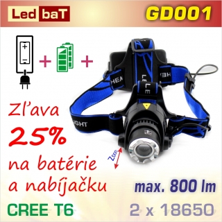 SET LedbaT GD001 čelovka T6 Zoom + BAT1826 + nabíjačka